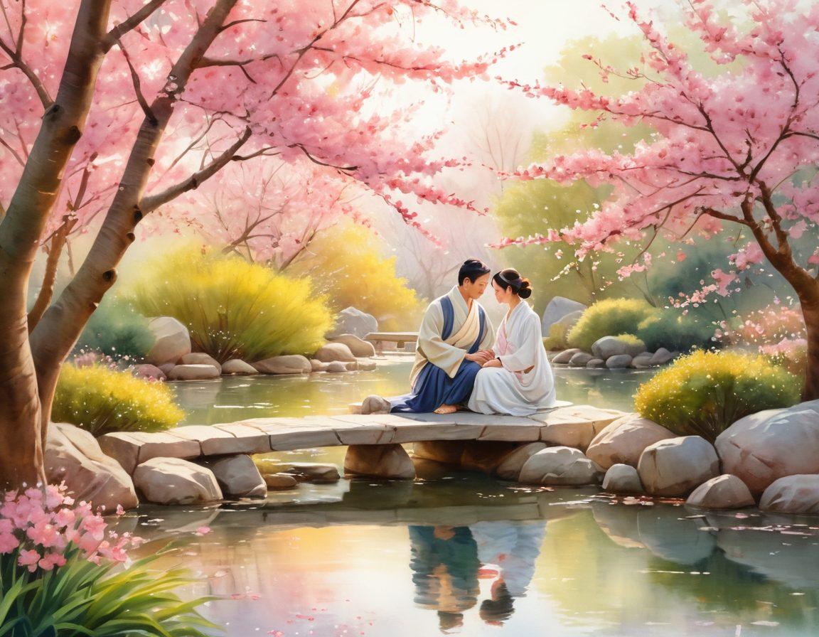 A couple in a serene Asian garden, surrounded by cherry blossom trees, sharing a soft, intimate moment. The scene captures the essence of love and connection, with warm sunlight filtering through the blossoms. Include subtle elements like traditional Asian lanterns and koi fish in a pond to enhance the romantic atmosphere. pastel colors. watercolor style.