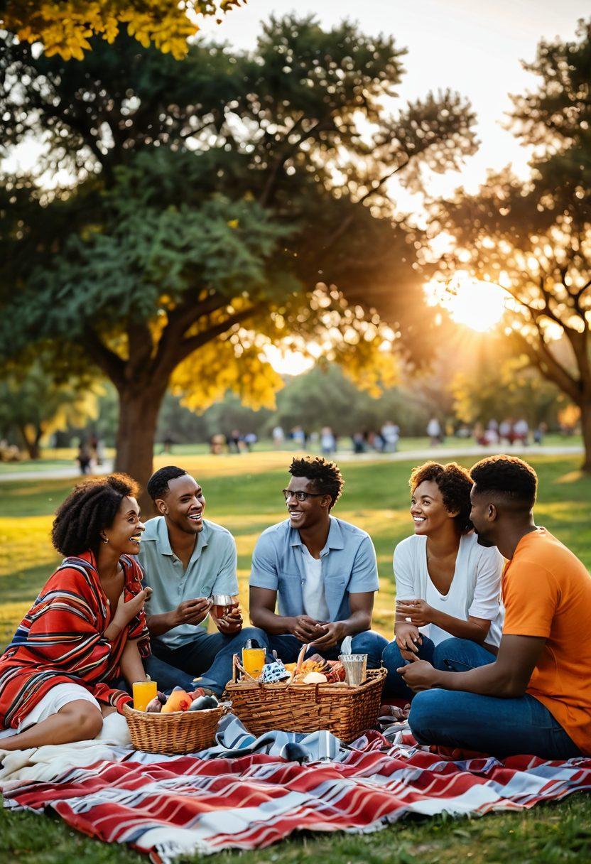 A diverse group of couples enjoying a park picnic, laughing and sharing stories, with colorful blankets and picnic baskets. In the background, a sunset casting warm hues over the scene, symbolizing warmth and connection in relationships. Subtle hints of urban life can be seen in the distance. super-realistic. vibrant colors. soft focus.