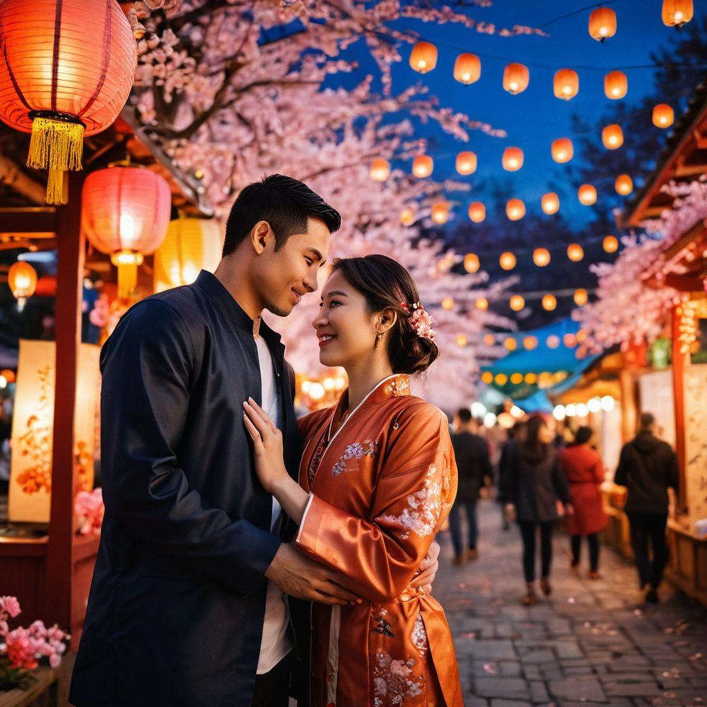 An intimate scene showcasing a multicultural couple enjoying a traditional Asian festival, surrounded by vibrant decorations, lanterns, and food stalls. They share a moment of connection while holding hands, with elements like cherry blossoms and cultural artifacts enriching the background. The atmosphere is warm and inviting, emphasizing love and unity across cultures. super-realistic. vibrant colors. warm lighting.